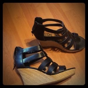 Black peep-toe espadrille wedges